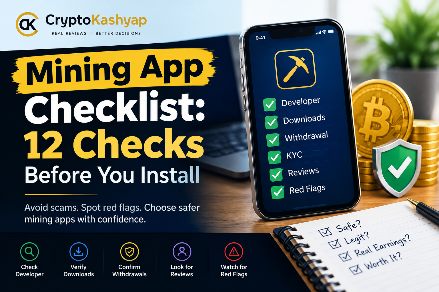 Mining app checklist showing developer, downloads, withdrawals, KYC, reviews and red flags